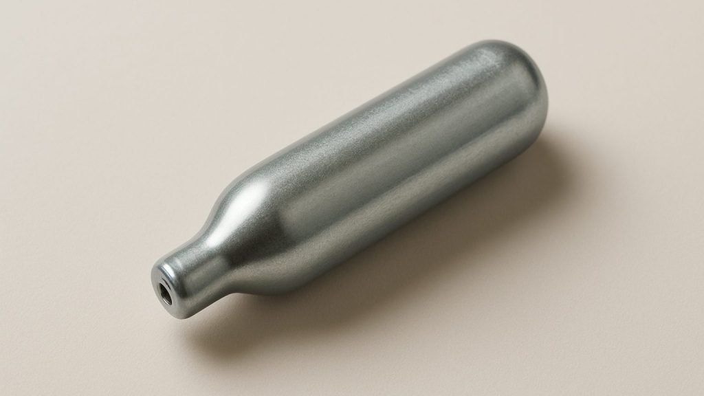A close-up of a single metallic cream charger on a smooth surface
