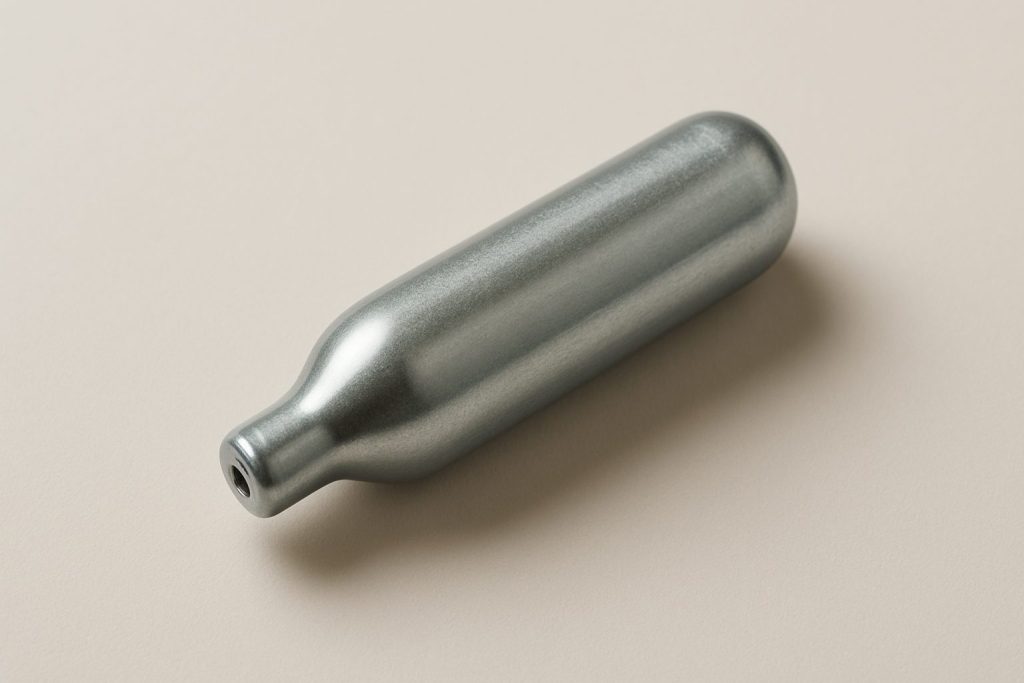 A close-up of a single metallic cream charger on a smooth surface